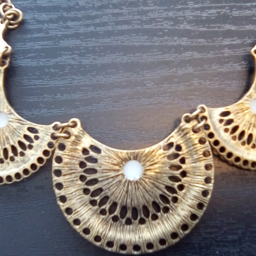 Antique Gold Tone Filigree Bib Pendant, Bohemian Statement Piece - Picture 5 of 6